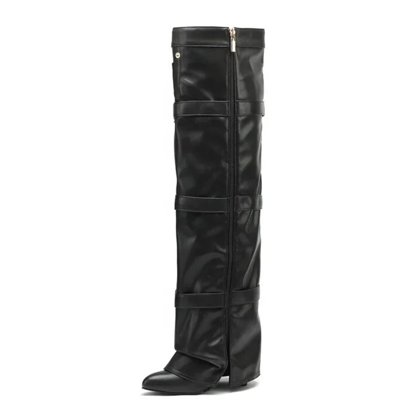 Belt Buckles Overlay Knee High Boots Folded Soft Suede Long Booties - Glova