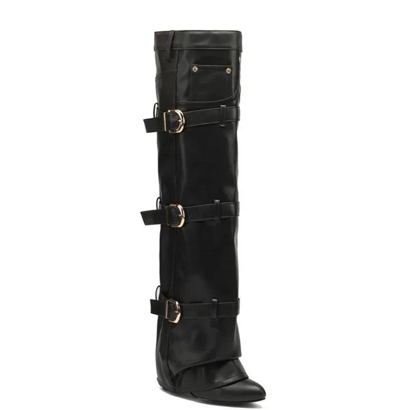 Belt Buckles Overlay Knee High Boots Folded Soft Suede Long Booties - Glova