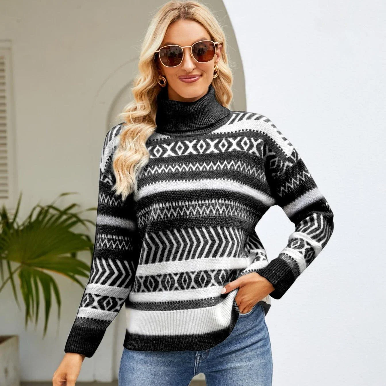 Benet Geometric Pattern Turtleneck Sweater - Glova