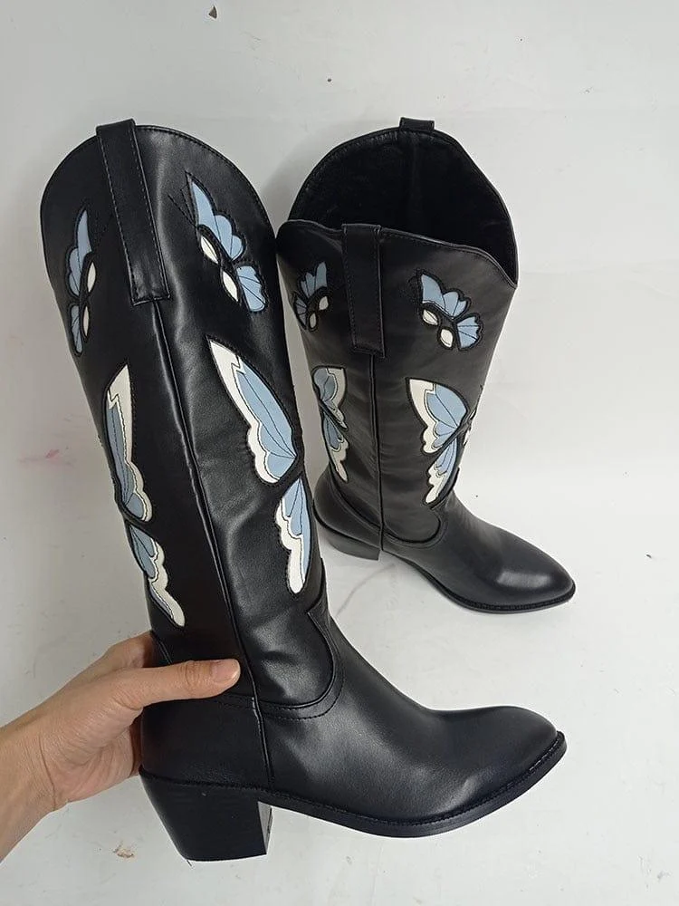 Bessy Embroidery Butterfly Western Boots - Glova