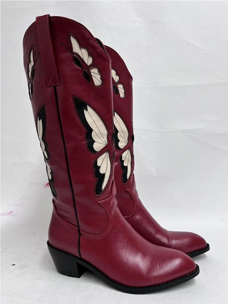 Bessy Embroidery Butterfly Western Boots - Glova