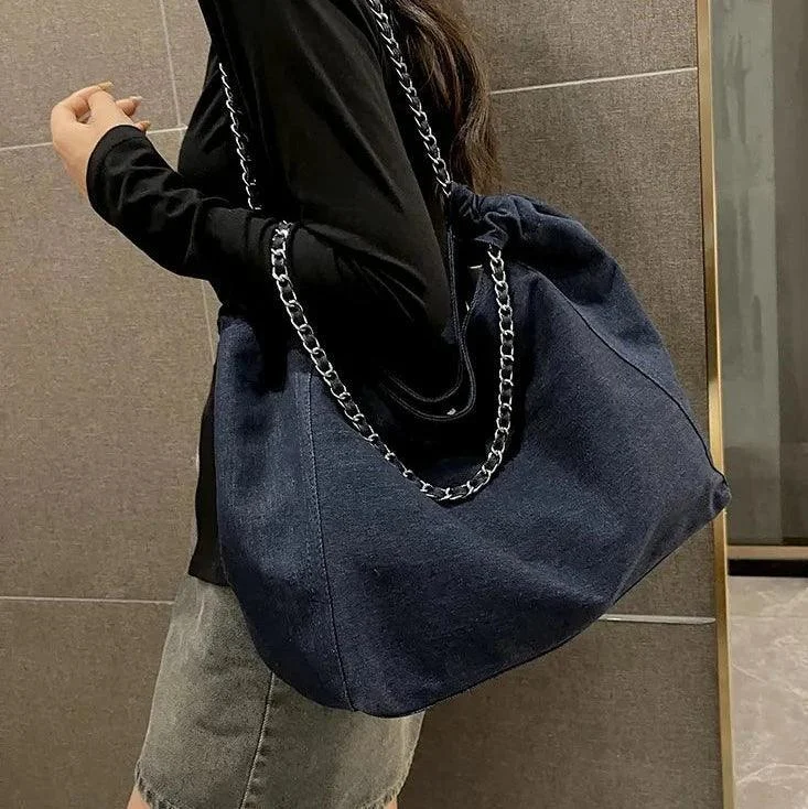 Big Chain Denim Fabric Pure Color Large Shoppers Bag - Glova