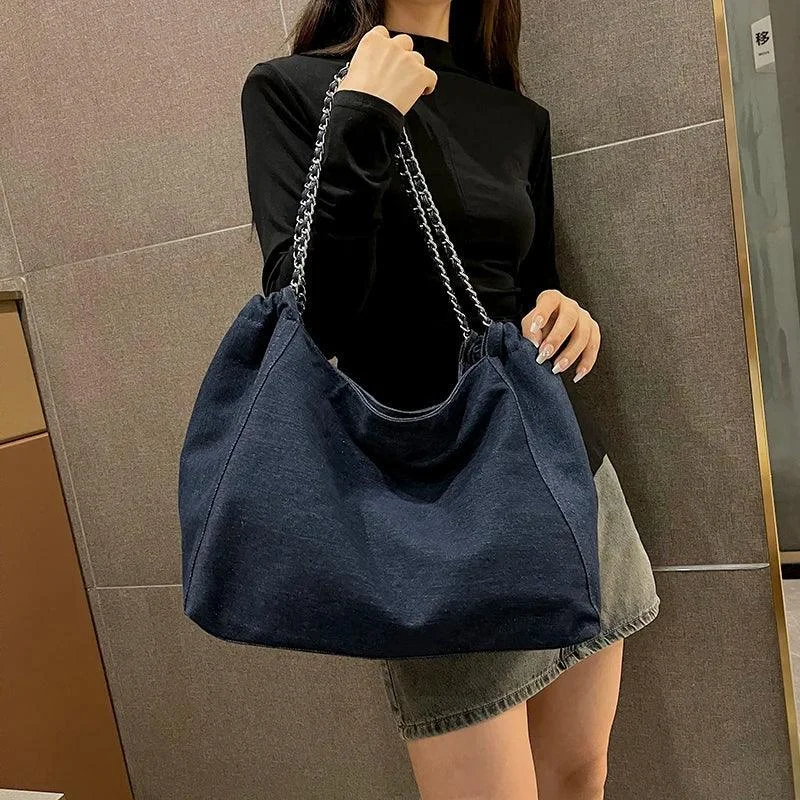 Big Chain Denim Fabric Pure Color Large Shoppers Bag - Glova