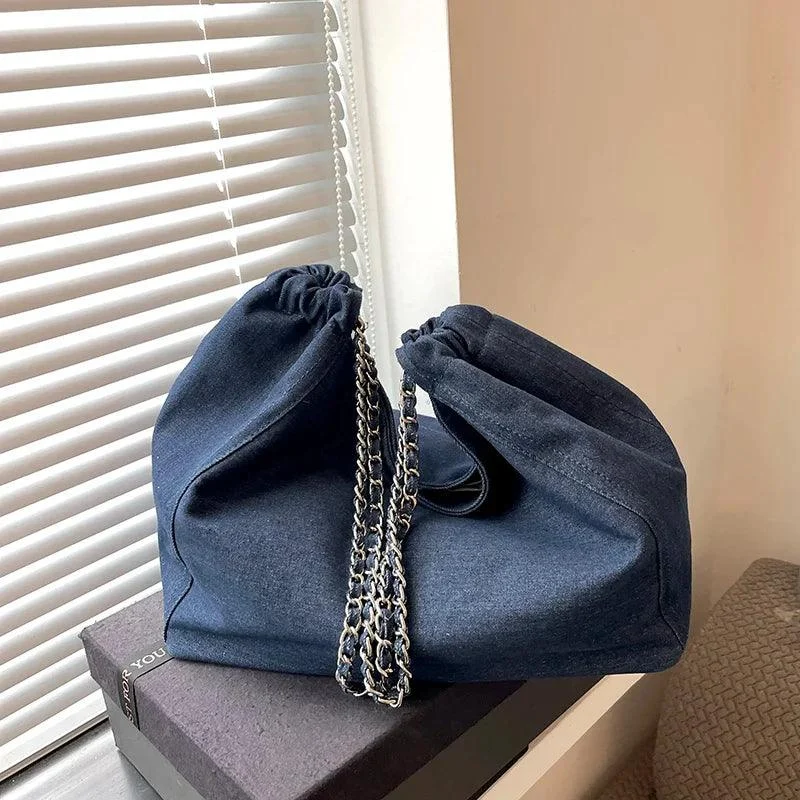 Big Chain Denim Fabric Pure Color Large Shoppers Bag - Glova