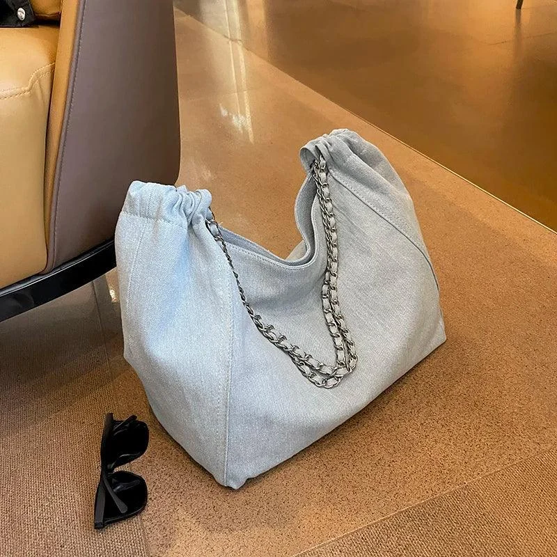 Big Chain Denim Fabric Pure Color Large Shoppers Bag - Glova