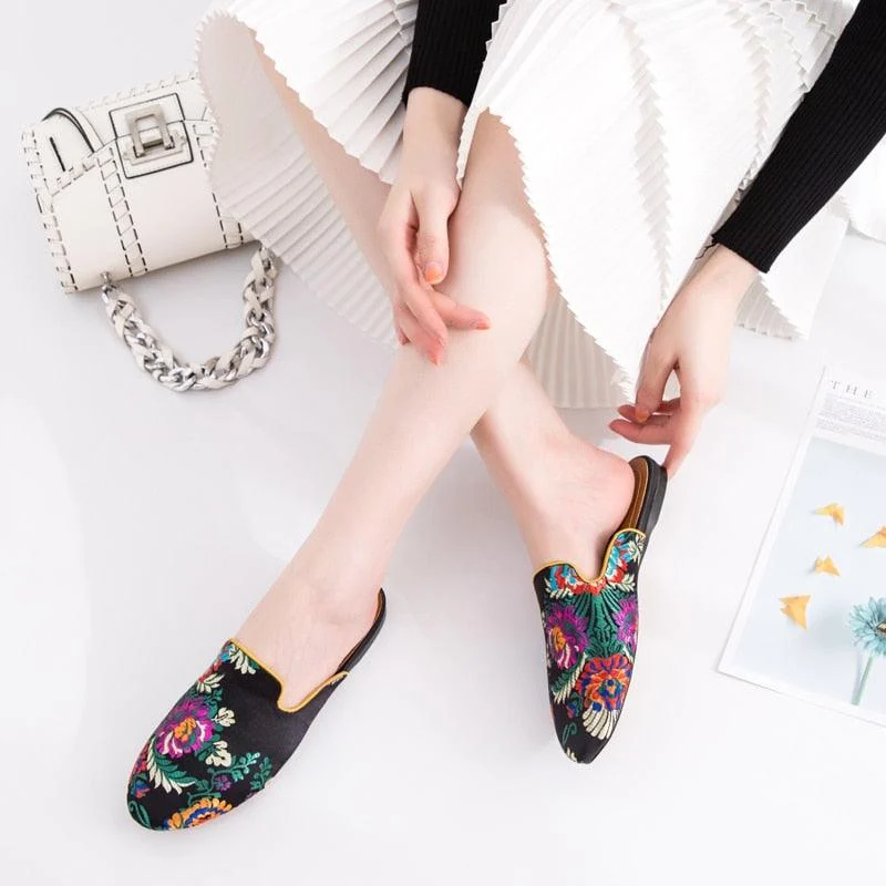 Bijou Silk Embroidery Mule Slippers - 4 Colors - Glova