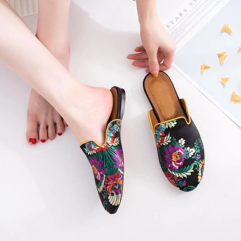 Bijou Silk Embroidery Mule Slippers - 4 Colors - Glova