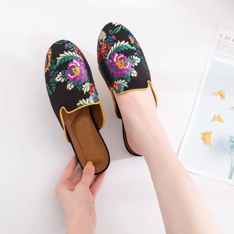 Bijou Silk Embroidery Mule Slippers - 4 Colors - Glova