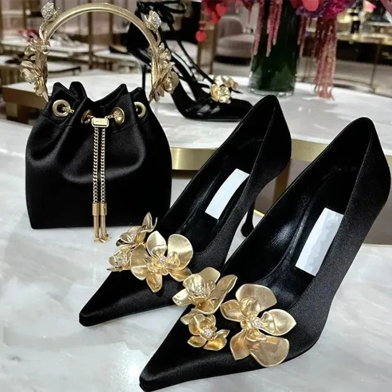 Black Gold Metallic Flower Pumps Fine High Heel Shoes - Glova