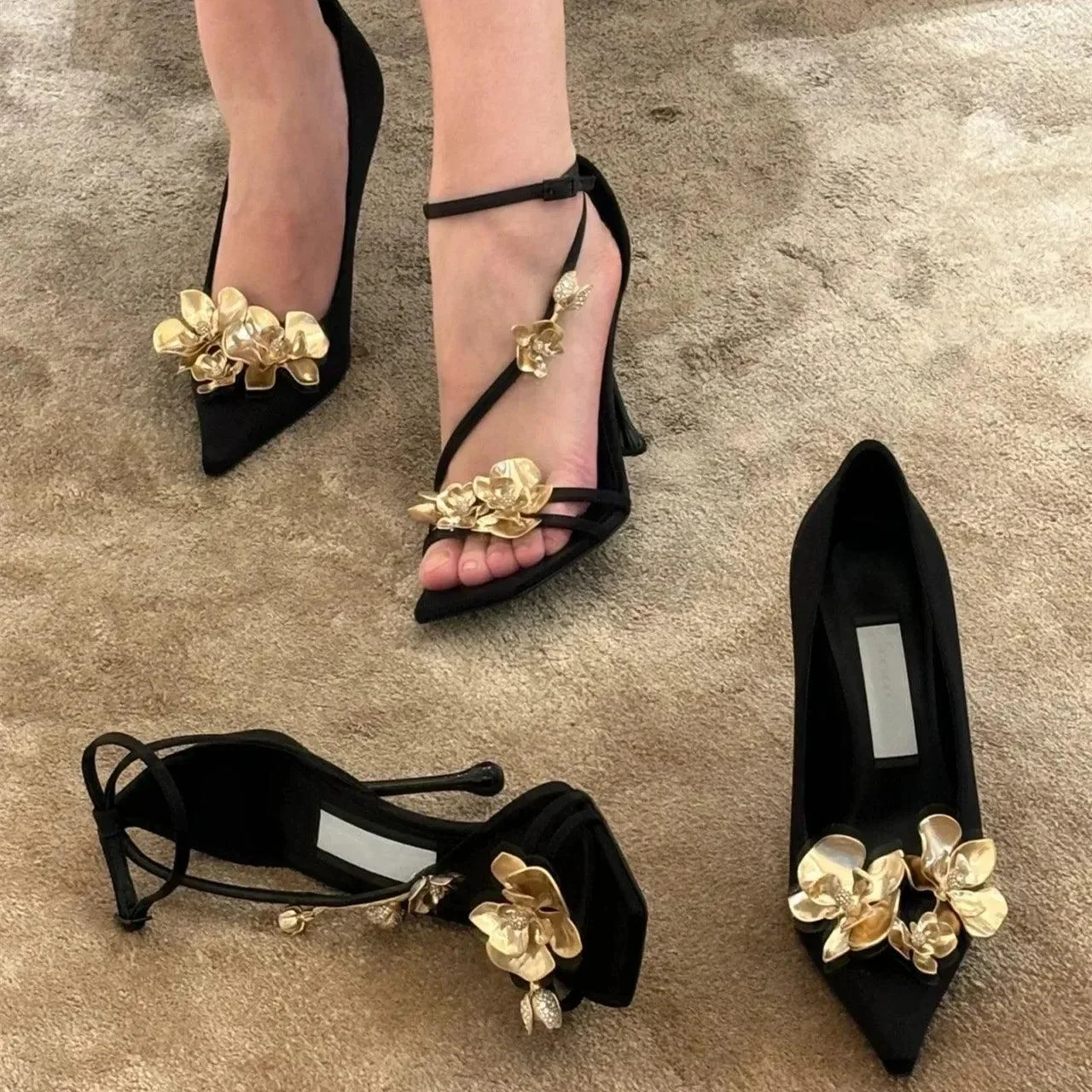 Black Gold Metallic Flower Pumps Fine High Heel Shoes - Glova