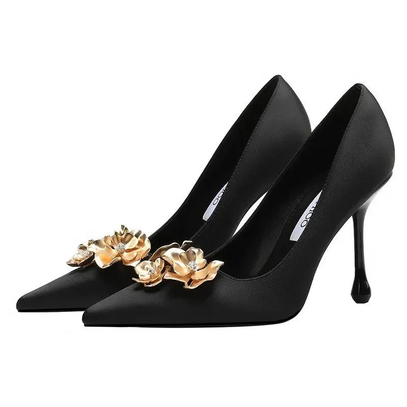 Black Gold Metallic Flower Pumps Fine High Heel Shoes - Glova