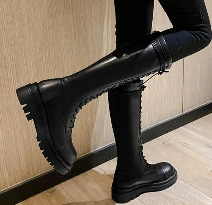 Black Knee High Round Toe Flat Platform Heel Women Long Boots - Glova