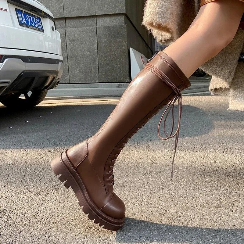 Black Knee High Round Toe Flat Platform Heel Women Long Boots - Glova