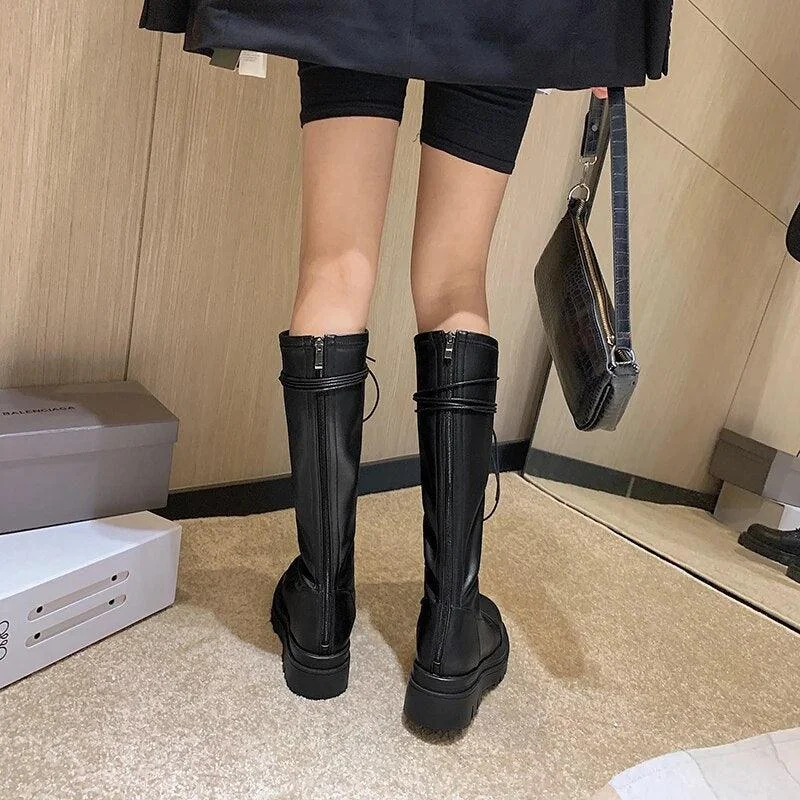 Black Knee High Round Toe Flat Platform Heel Women Long Boots - Glova