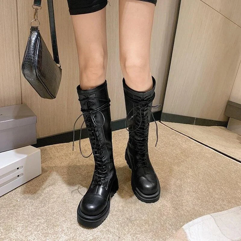 Black Knee High Round Toe Flat Platform Heel Women Long Boots - Glova