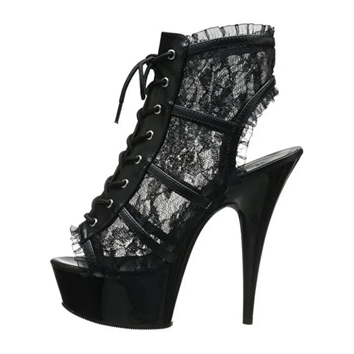 Black Lace 6-inch Thin High-heeled Striptease Leaky Toe Shoes - Glova