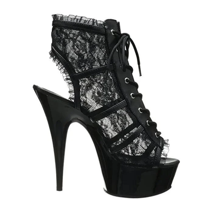 Black Lace 6-inch Thin High-heeled Striptease Leaky Toe Shoes - Glova