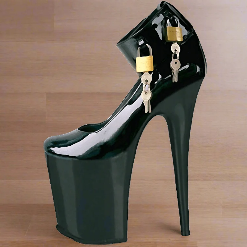 Black Lock 20 cm Ultra High Heel Stripper Pumps Shoes - Glova