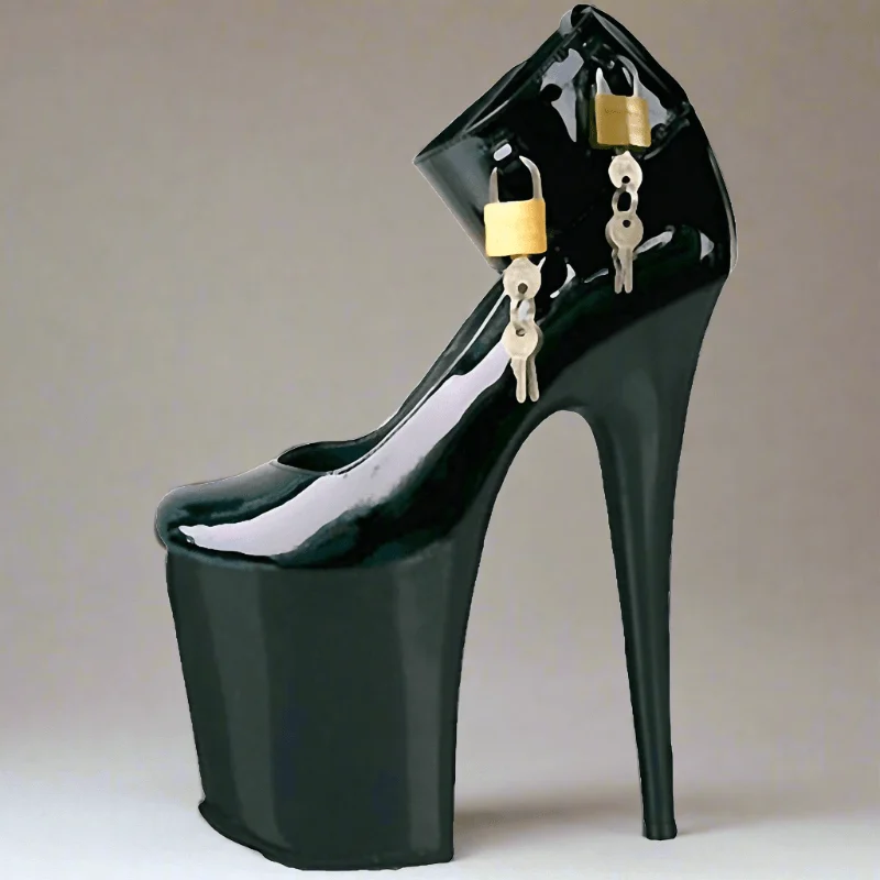 Black Lock 20 cm Ultra High Heel Stripper Pumps Shoes - Glova