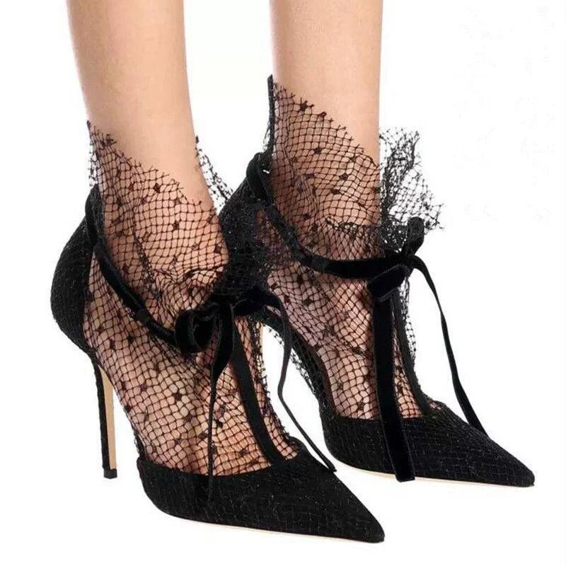 Black Mesh Butterfly-knot Stiletto Pointed Toe Shoes - Glova