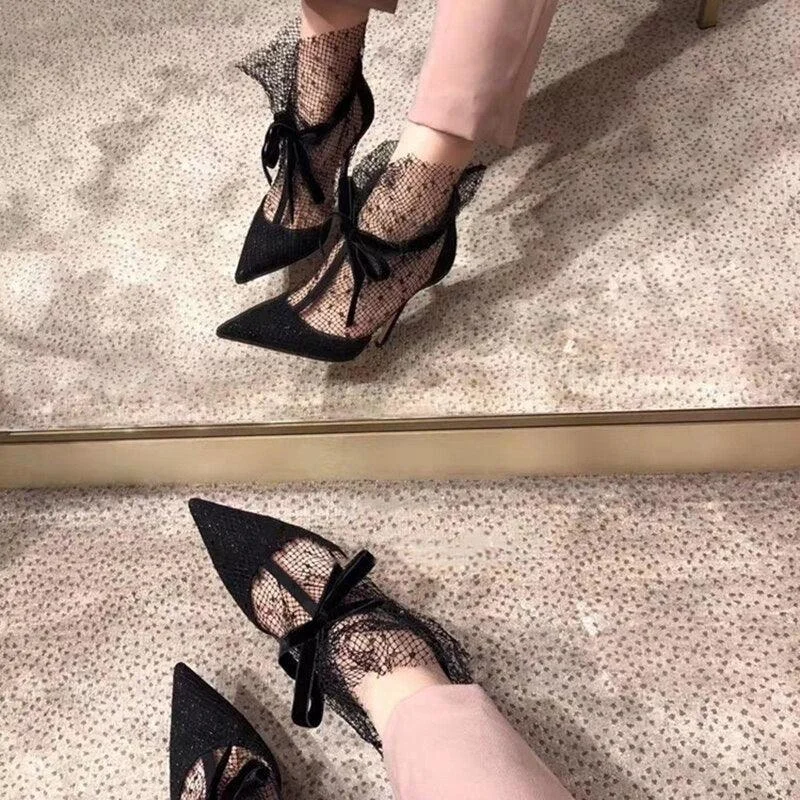 Black Mesh Butterfly-knot Stiletto Pointed Toe Shoes - Glova