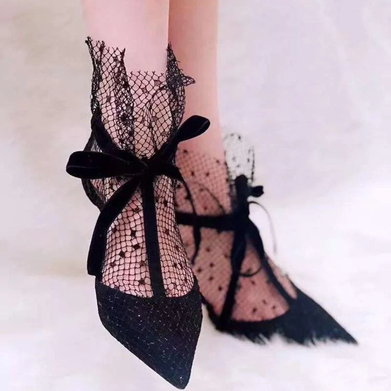 Black Mesh Butterfly-knot Stiletto Pointed Toe Shoes - Glova