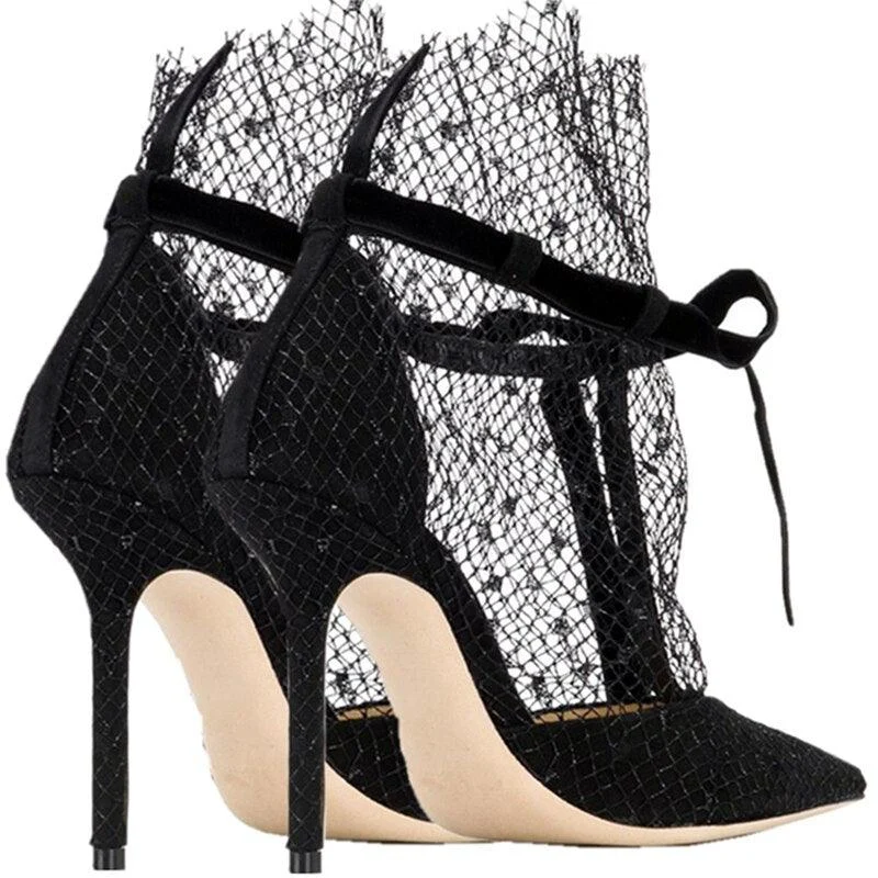 Black Mesh Butterfly-knot Stiletto Pointed Toe Shoes - Glova