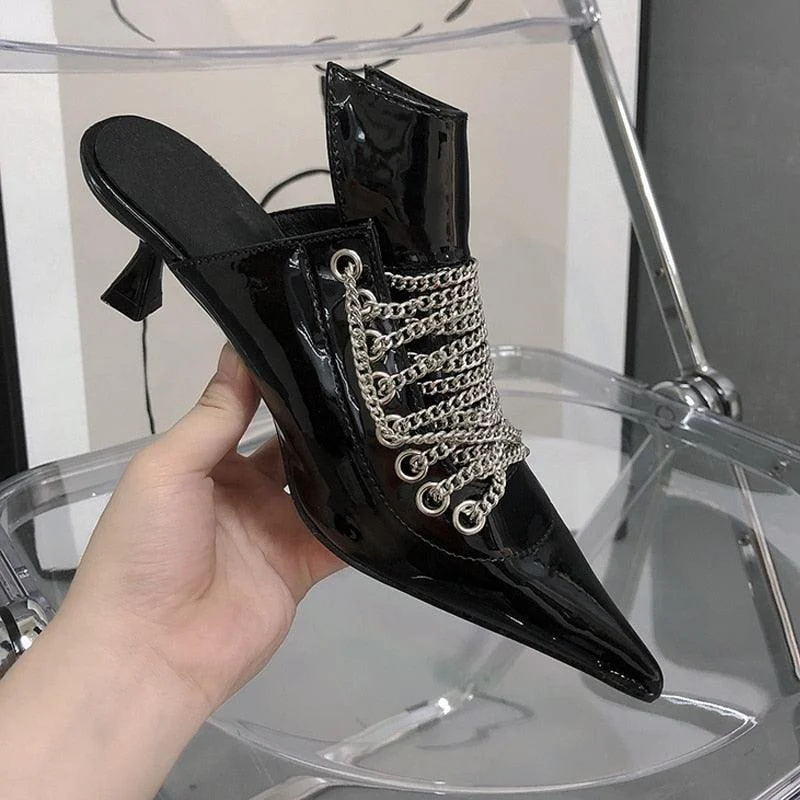 Black Pointed Toe Metal Chain Mid Heeled Sandals - Glova