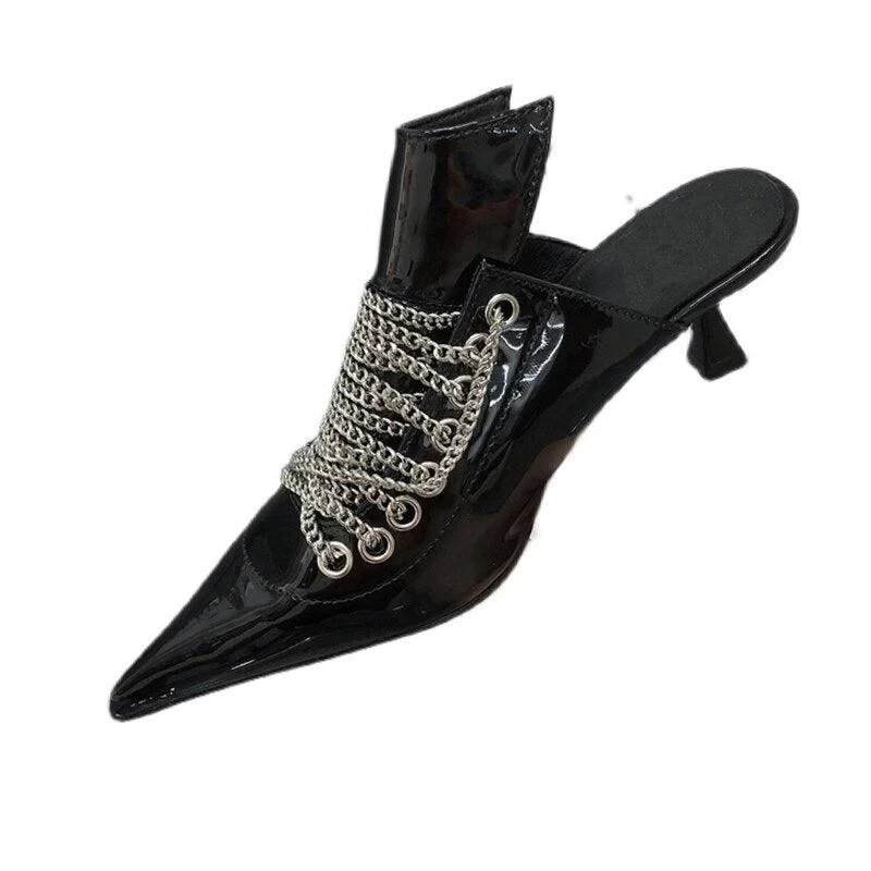 Black Pointed Toe Metal Chain Mid Heeled Sandals - Glova