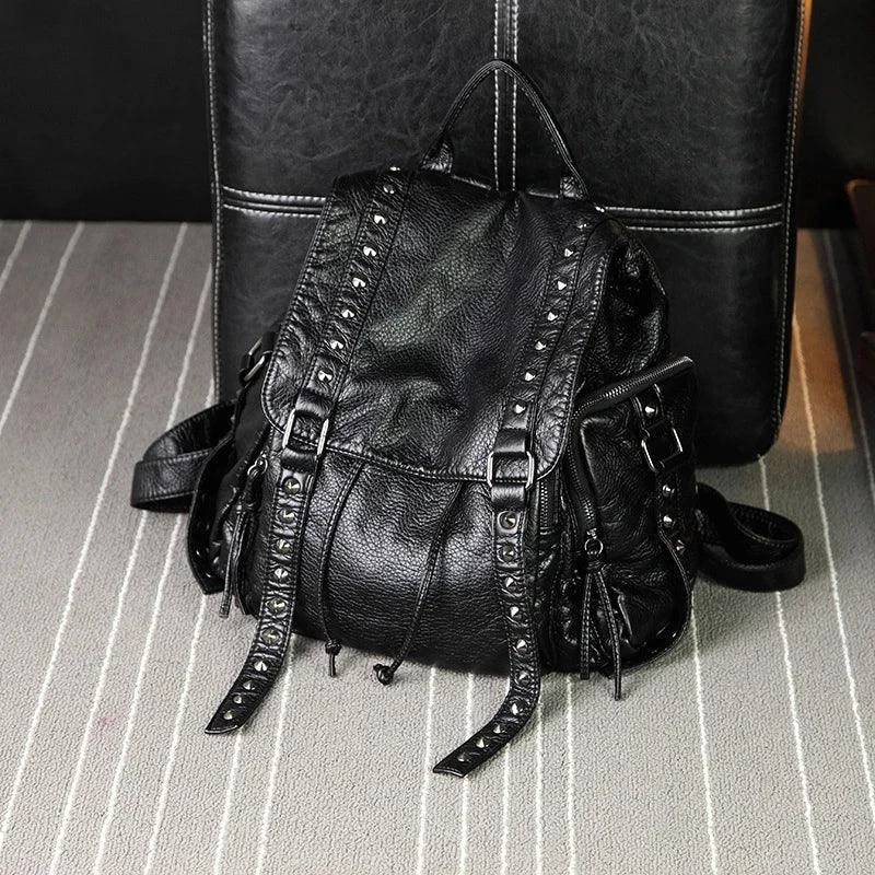 Black Pu Leather Flap Studded Backpack - Glova