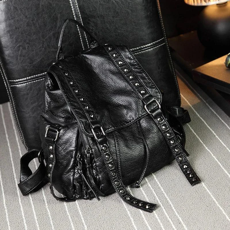 Black Pu Leather Flap Studded Backpack - Glova