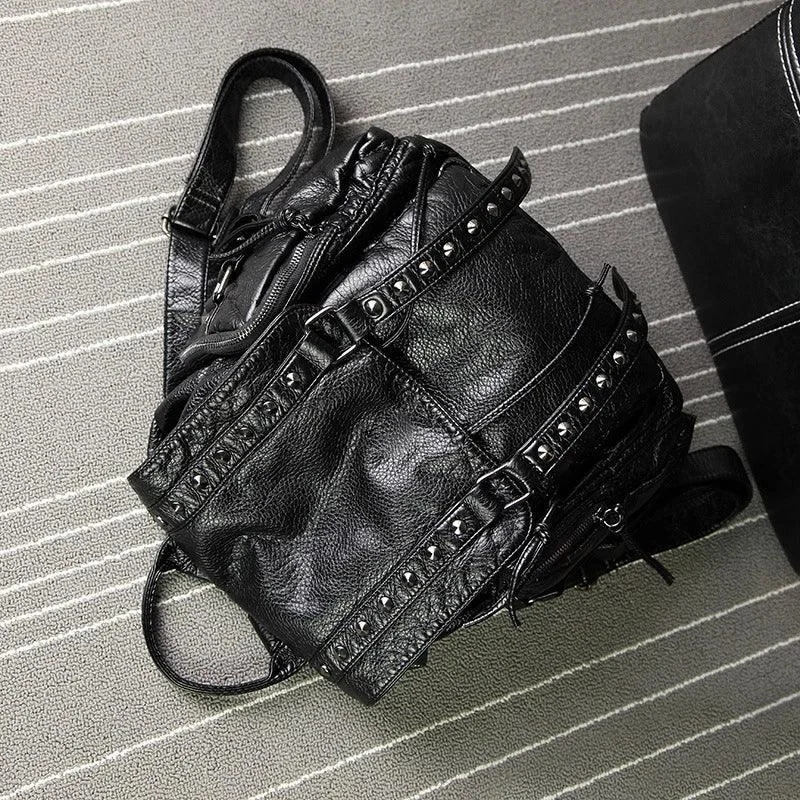 Black Pu Leather Flap Studded Backpack - Glova