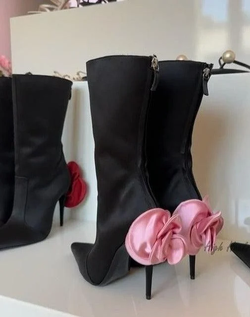 Black Satin Rosy 3D Flower Pointed Toe Stilettos Zip Ankle Boot - Glova