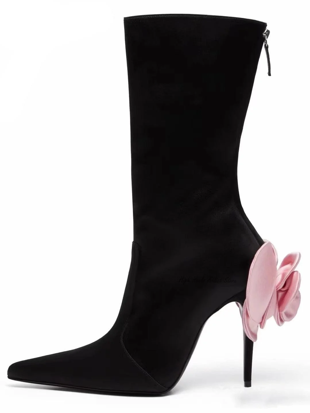 Black Satin Rosy 3D Flower Pointed Toe Stilettos Zip Ankle Boot - Glova