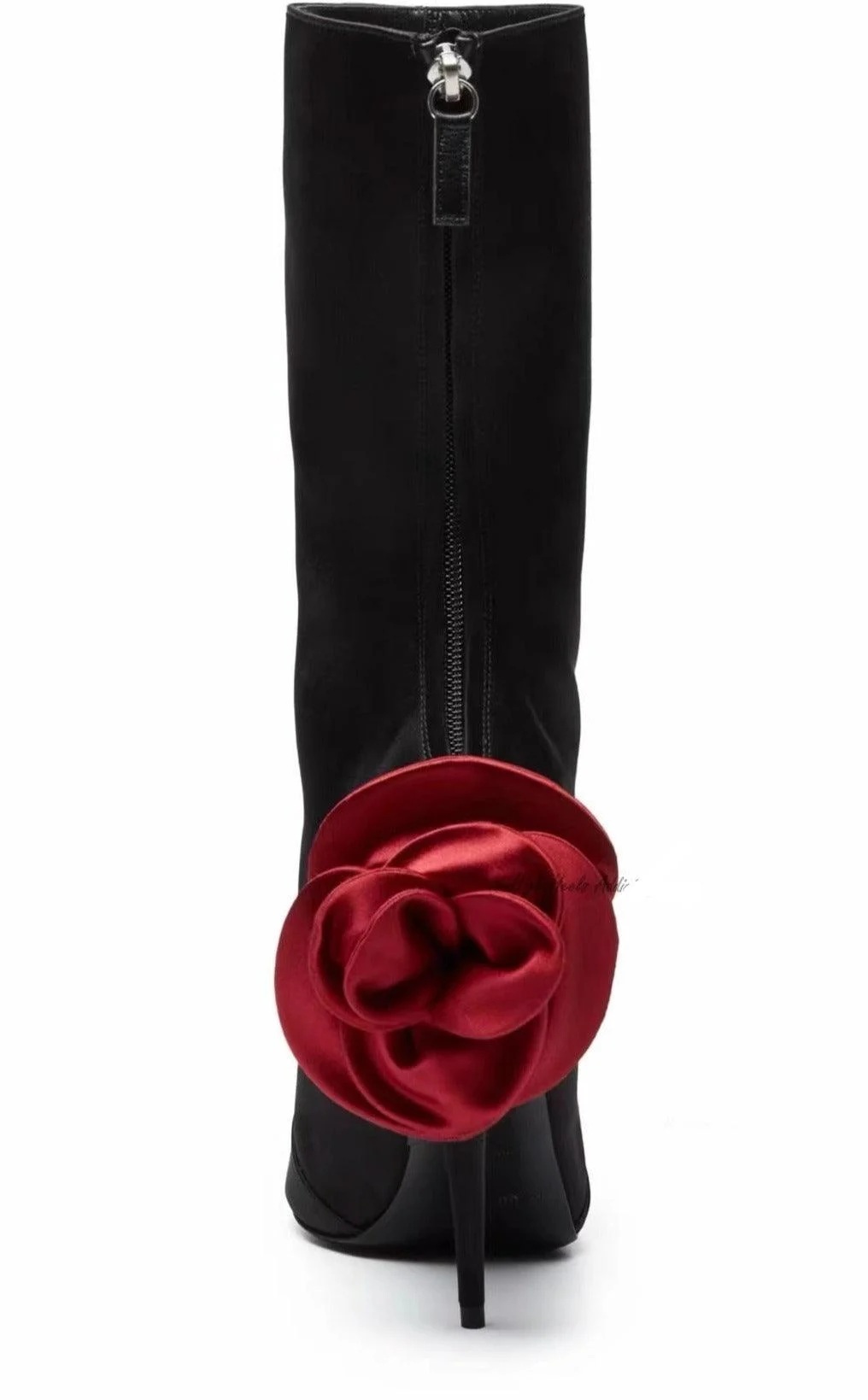 Black Satin Rosy 3D Flower Pointed Toe Stilettos Zip Ankle Boot - Glova