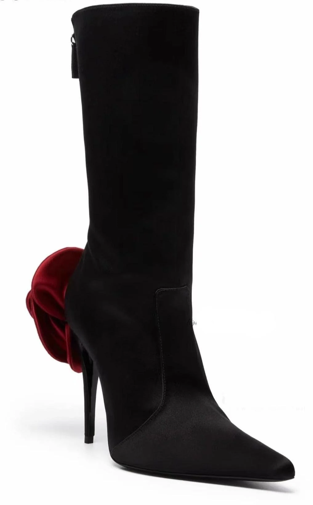 Black Satin Rosy 3D Flower Pointed Toe Stilettos Zip Ankle Boot - Glova