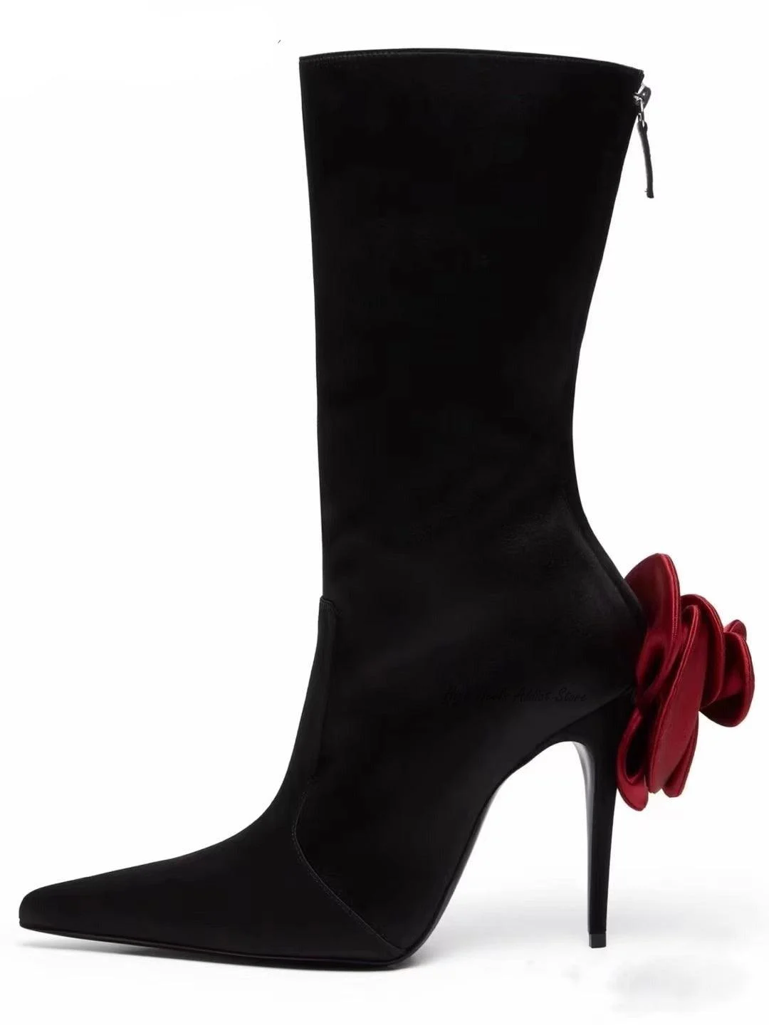 Black Satin Rosy 3D Flower Pointed Toe Stilettos Zip Ankle Boot - Glova