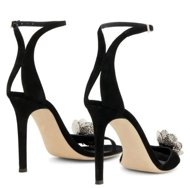 Black Suede Bling Flower Ankle Strap Crystal Sandals - Glova