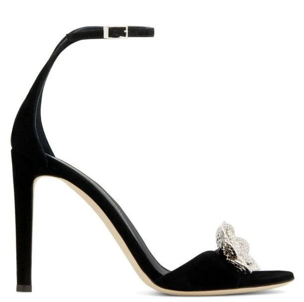 Black Suede Bling Flower Ankle Strap Crystal Sandals - Glova