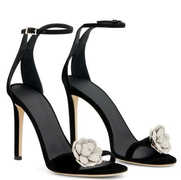 Black Suede Bling Flower Ankle Strap Crystal Sandals - Glova