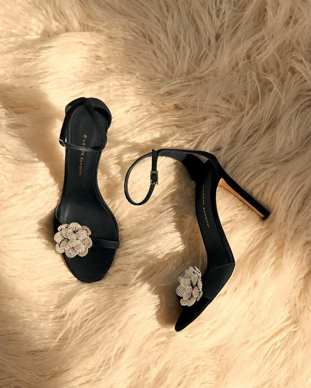 Black Suede Bling Flower Ankle Strap Crystal Sandals - Glova