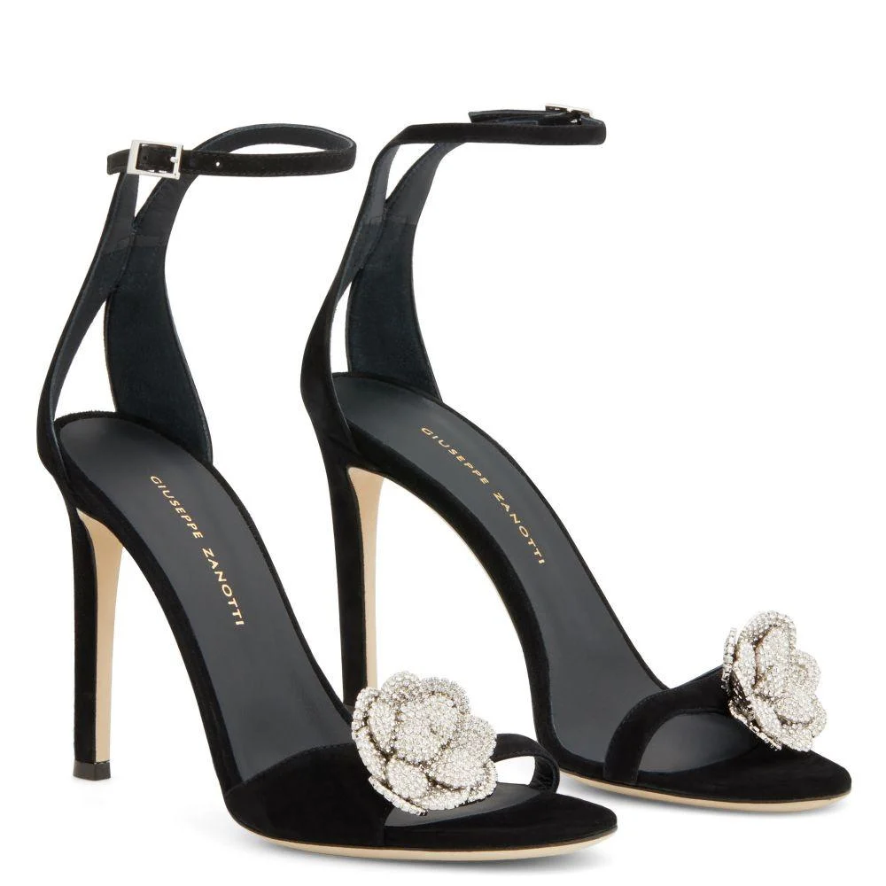 Black Suede Bling Flower Ankle Strap Crystal Sandals - Glova