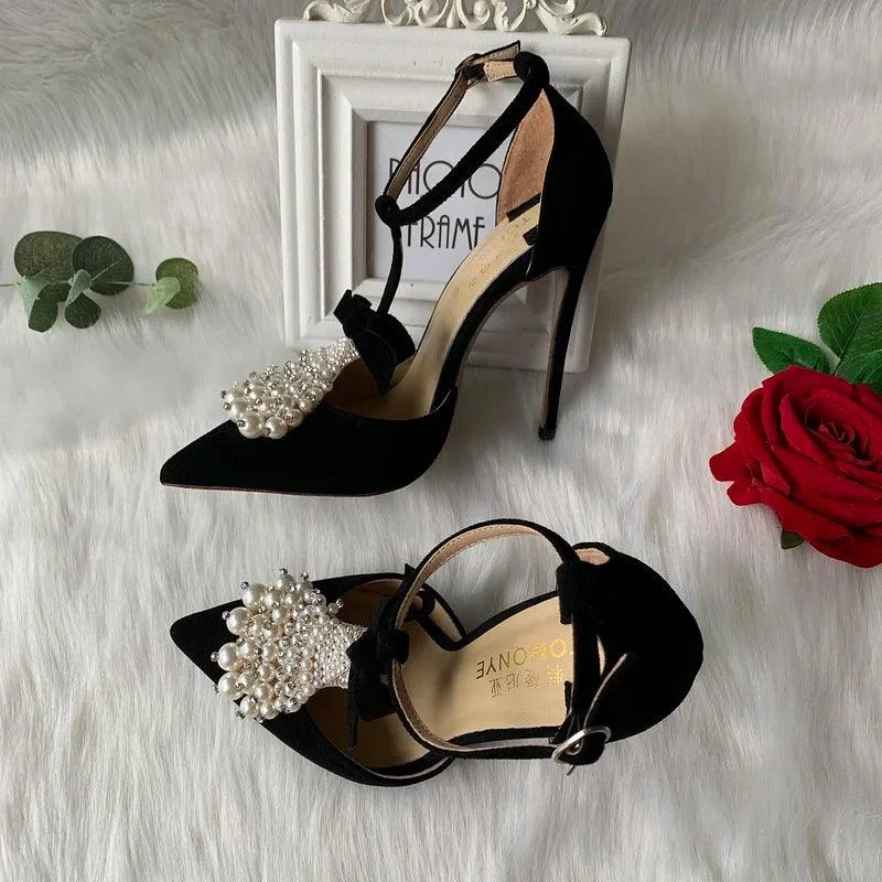 Black suede Pearl T strap open in the middle High Heel Shoes - Glova