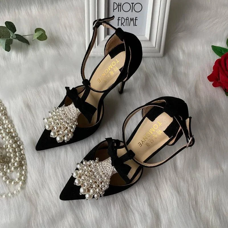 Black suede Pearl T strap open in the middle High Heel Shoes - Glova