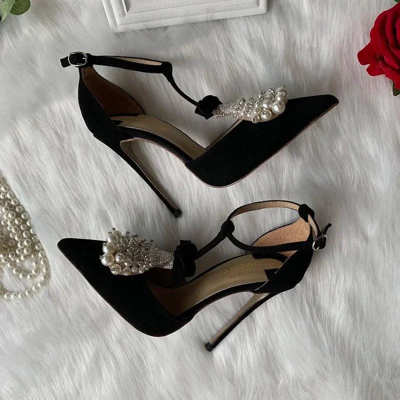 Black suede Pearl T strap open in the middle High Heel Shoes - Glova