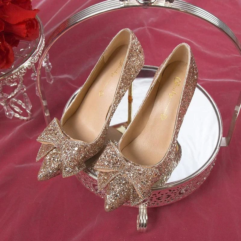 Bling Glitter Pumps Bowknot Thin Heels Wedding Party Shoes - Glova