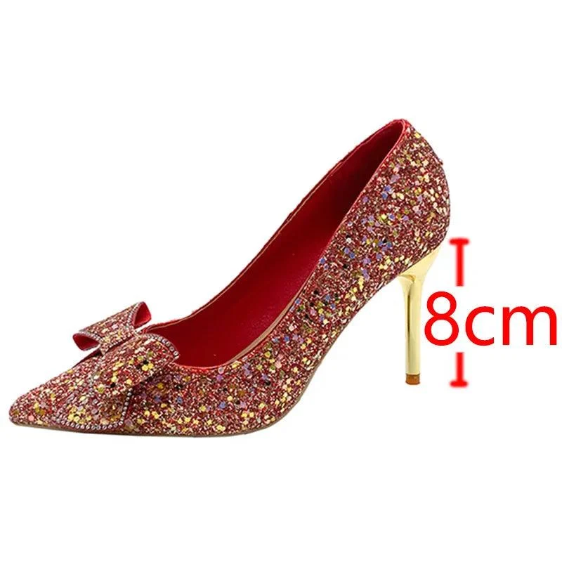 Bling Glitter Pumps Bowknot Thin Heels Wedding Party Shoes - Glova