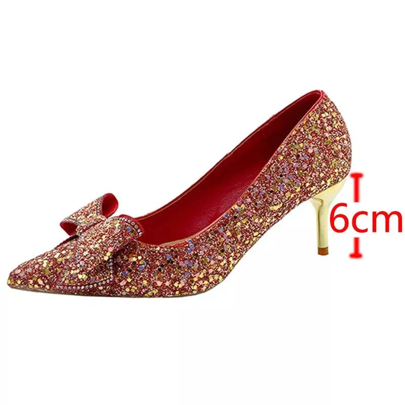 Bling Glitter Pumps Bowknot Thin Heels Wedding Party Shoes - Glova