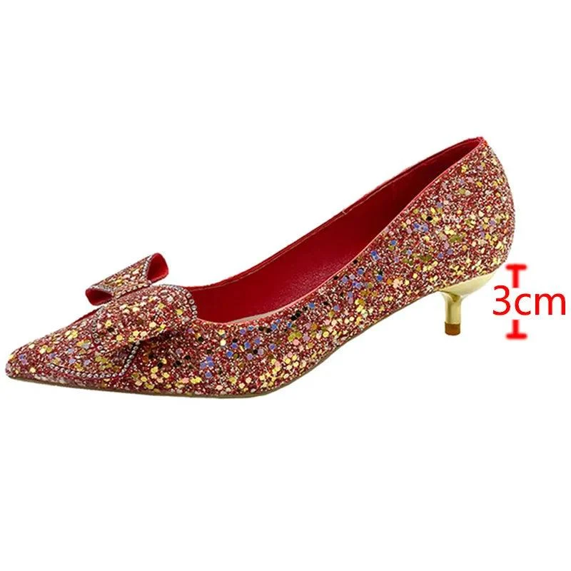 Bling Glitter Pumps Bowknot Thin Heels Wedding Party Shoes - Glova