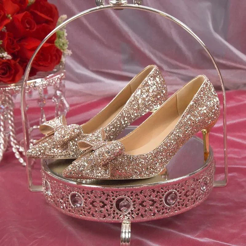 Bling Glitter Pumps Bowknot Thin Heels Wedding Party Shoes - Glova